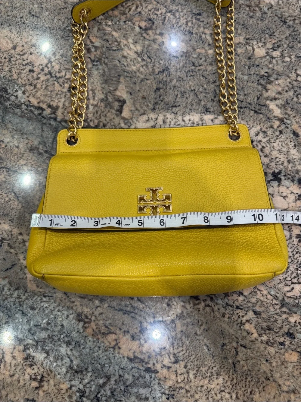 Tory Burch Yellow Pebbled Leather Chain Shoulder Bag with Gold Logo